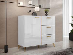 Komoda Rostiw 100 1D3SZ, Barva: bílá / bílý lesk + zlatá Mirjan24 5903211401626