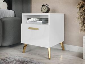 Noční stolek Rostiw 1SZ, Barva: bílá / bílý lesk + zlatá Mirjan24 5903211401749