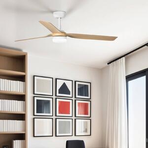 FARO BARCELONA LED stropní ventilátor Punt M bílý/dřevo DC tichý Ø 130 cm, stmívatelný, Bílá / opál, Obývací pokoj / jídelna, kov, Moderní
