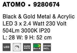 Nova Luce Závěsné LED svítidlo ATOMO černá a zlatý kov a akryl 3 x 2.4W 3000K