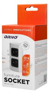 Povrchová zásuvka rohová ORNO OR-AE-1303/G, 2x zásuvka 230V, kabel bez vidlice, stříbrná