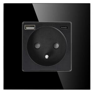 Elektrická zásuvka ORNO OR-AE-13308/B, 1x 230V s USB a USB-C nabíječkou pod omítku, černá, skleněná
