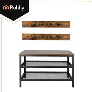 Botník s lavicí a věšákem RUHHY 27037 73 cm, industriální loft, hnědá deska