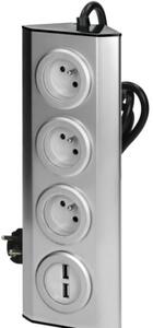 Povrchová rohová zásuvka ORNO VIRONE FS-4 3x 230V, 2xUSB, 1,5m kabel, nerez