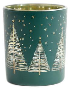 Vánoční lampička na svíčku | LANCY | zelená s vánočními stromky | 7x8 cm | 836584 Homla