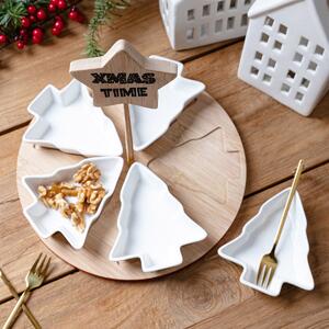 Vánoční servírovací prkénko | TROEL | kulaté s bílými miskami ve tvaru vánočního stromku, 5 ks | 25 cm | 832579 Homla