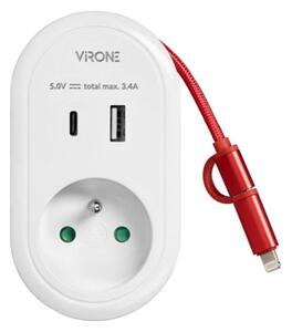 Adaptér ORNO VIRONE CS-2 230V s USB-C+A nabíječkou a kabelem USB-C + Lightning