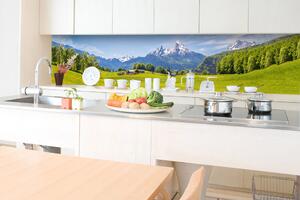 DIMEX | Fototapeta do kuchyně Alpský pohled KI-350-135 | 350 x 60 cm | zelená, modrá, bílá, hnědá