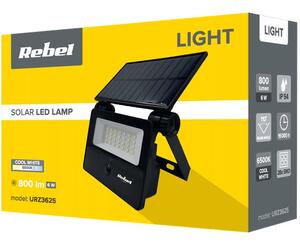 Solární reflektor REBEL URZ3625, 800lm, IP54, 6500K, 3,7 V, 1500 mAh, 6W, černá