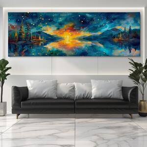 Obraz na plátně - Hvězdná noční obloha nad jezerem FeelHappy.cz Velikost obrazu: 120 x 40 cm