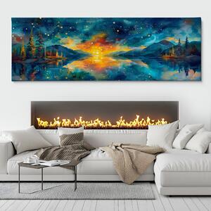 Obraz na plátně - Hvězdná noční obloha nad jezerem FeelHappy.cz Velikost obrazu: 120 x 40 cm