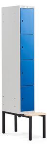 AJ Produkty Boxová šatní skříň CLASSIC, s lavicí, 1 sekce, 4 boxy, 2120x300x550 mm, modré dveře