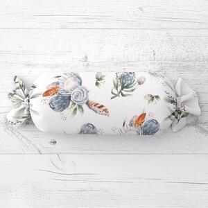 Biante Polštář válec bonbon Sandra SA-707 Modré květy Protea na bílém 15x40 cm