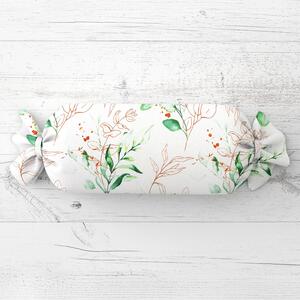 Biante Polštář válec bonbon Sandra SA-706 Zeleno-hnědé větvičky s lístky na bílém 15x40 cm