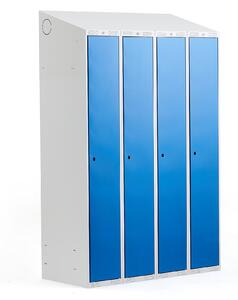 AJ Produkty Šatní skříňka CLASSIC, šikmá střecha, 4 sekce, 1900x1200x550 mm, šedá, modré dveře