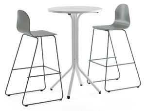 AJ Produkty Sestava VARIOUS + GANDER, stůl Ø700x1050 mm, bílá + 2 barové židle, zelenošedá