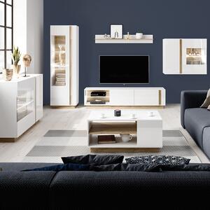 Obývací stěna ARCO s komodou | 6 dílů | 138,2 cm + 247,5 cm + 100x60 cm | bílá mat/lesk/dub grandson