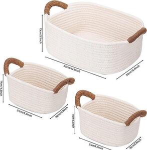 Sada tří úložných košíků Unyqoos® z bavlněné šňůry, pletená, s uchy – 2x střední (20x15x11 cm) + 1x velký (32x23x13 cm), vhodné do skříně, koupelny, ložnice, obývacího pokoje