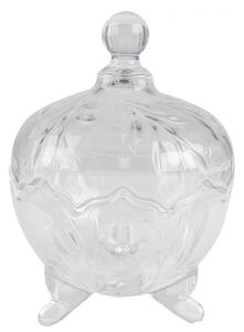 Transparentní skleněná nádoba na bonbony s víkem na nožičkách s ozdobnými lístky – 15x20 cm