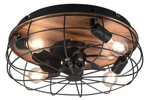 Trio Leuchten R61105032 TRONDHEIM - Stropní ventilátor v retro stylu v černé barvě a imitaci dřeva s dálkovým ovladačem, 4 x E27, Ø 48cm (Černý stropní ventilátor s dálkovým ovládáním)