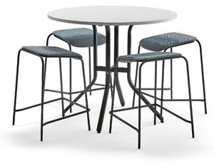 AJ Produkty Sestava VARIOUS + ATTEND, stůl Ø1100x900 mm, bílá + 4 modrošedé stoličky
