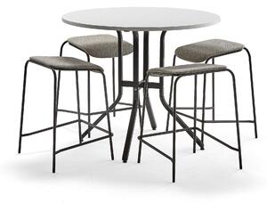 AJ Produkty Sestava VARIOUS + ATTEND, stůl Ø1100x900 mm, bílá + 4 béžové stoličky