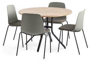 AJ Produkty Sestava VARIOUS + LANGFORD, stůl Ø1100x740 mm, dub + 4 židle, šedá/hnědá