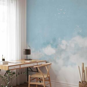 Fototapeta Modrá obloha - jemný krajinný motiv s bílými ptáky a mraky