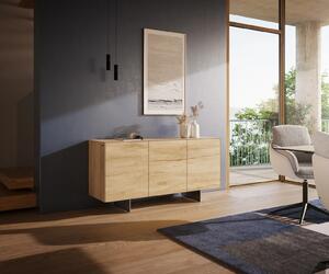 DELIFE Komoda Cuor 150 cm keramika Laminam® Sabbia dubová barva 3 dvířka podnož závěsná nerezová ocel