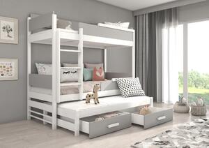 Patrová postel pro 3 děti Krosno, 200x90cm, bílý mat/šedá