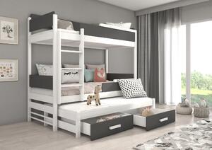 Patrová postel pro 3 děti Krosno, 200x90cm, bílá/tmavě šedá