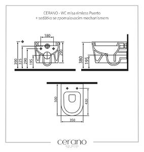 Cerano Puerto, závěsná WC mísa Rimless 500x350x290 + WC sedátko Sedile s pomalým zavíráním, černá matná, CER-CER-417854