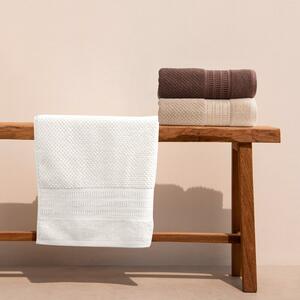 Bavlněný krémový ručník ROSITA s rýžovou strukturou a žakárovou bordurou s geometrickým vzorem Rozměr: 50 x 90 cm