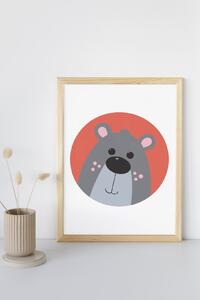 Plakát Medvěd (21x30cm) A4, Plakát do dětského pokoje, Plakát se zvířátkem, Ručně kreslený obrázek, Plakát na zeď pokojíčku, Barva: Červená