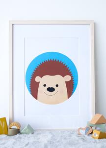 Plakát ježek (21x30cm) A4, Plakát do dětského pokoje, Plakát se zvířátkem, Ručně kreslený obrázek, Plakát na zeď pokojíčku Barva: Světle modrá