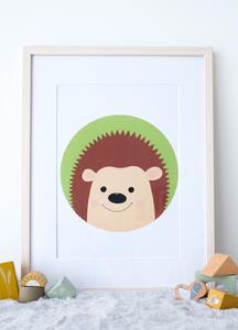 Plakát ježek (21x30cm) A4, Plakát do dětského pokoje, Plakát se zvířátkem, Ručně kreslený obrázek, Plakát na zeď pokojíčku Barva: Zelená