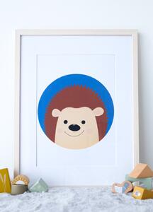 Plakát ježek (21x30cm) A4, Plakát do dětského pokoje, Plakát se zvířátkem, Ručně kreslený obrázek, Plakát na zeď pokojíčku Barva: Tmavě modrá