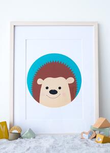 Plakát ježek (21x30cm) A4, Plakát do dětského pokoje, Plakát se zvířátkem, Ručně kreslený obrázek, Plakát na zeď pokojíčku Barva: Tyrkysová