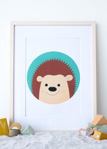 Plakát ježek (21x30cm) A4, Plakát do dětského pokoje, Plakát se zvířátkem, Ručně kreslený obrázek, Plakát na zeď pokojíčku Barva: Tyrkysová