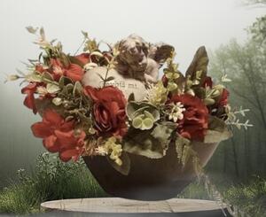 Aranžmá smuteční - dekorace červené růžičky s andělíčkem "chybíš mi" květináč,d.30cm