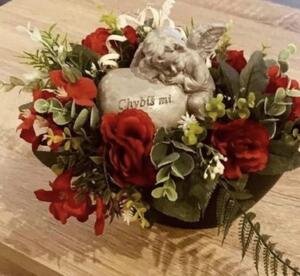 Aranžmá smuteční - dekorace červené růžičky s andělíčkem "chybíš mi" květináč,d.30cm