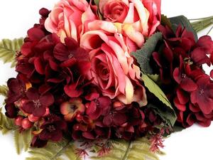 Umělá kytice růže a hortenzie - 1 korálová světlá