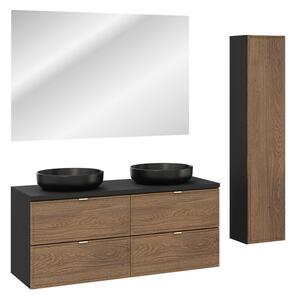 Comad Koupelnová sestava s deskou, skříňkami, umyvadly a zrcadlem Talia Casella 120 cm černý mat/dub casella