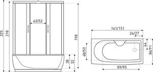 D‘Eluxe hydromasážní Sprchový Box d‘Eluxe MC14A1486 141x86x225cm, posuvné dveře, grafitové sklo, 5mm