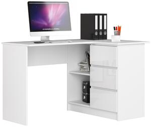 Ak furniture Rohový psací stůl B16 124 cm bílý/bílý lesk pravý