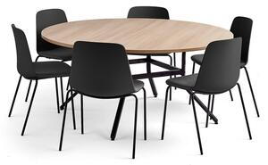 AJ Produkty Sestava VARIOUS + LANGFORD, stůl Ø1600x740 mm, dub + 6 židlí, černá/antracitově šedá