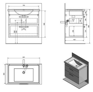 AQUALINE POLY umyvadlová skříňka 76x66,6x46,5cm, 2xzásuvka, bílá (PL080)