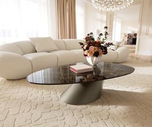 DELIFE Konferenční stolek Edge oválný 140x75 cm keramika Laminam® Emperador Extra Lucidato tmavě hnědá Conis kov titanová barva
