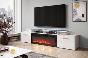 TV skříňka ROVA EF 190 cm s černým elektrickým krbem bílý lesk LED