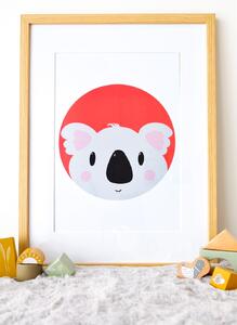 Plakát Koala (21x30cm) A4, Plakát do dětského pokoje, Plakát se zvířátkem, Ručně kreslený obrázek, Plakát na zeď pokojíčku, Barva: Červená